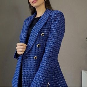 ZARA Blue Tweed Blazer long sleeve Double breasted outerwear coat